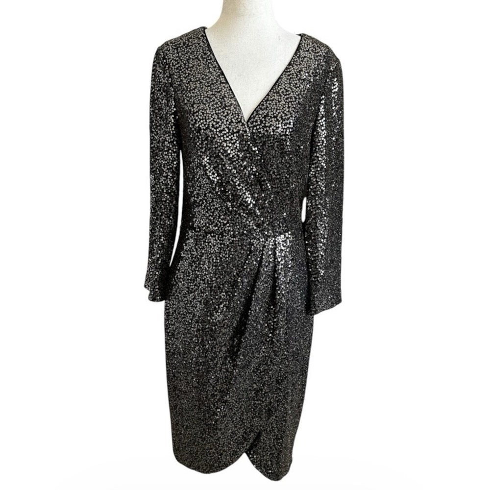Eliza J Womens 10 Sequin V Neck Long Sleeve Cocktail Dress Black Gold | 24-11